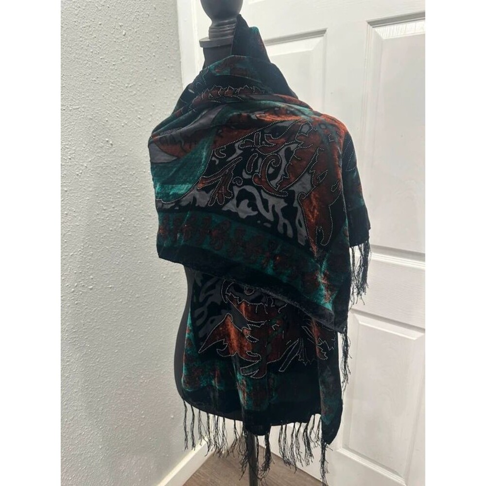 Elegant Velvet Burnout Floral Fringe Scarf Semi Sheer